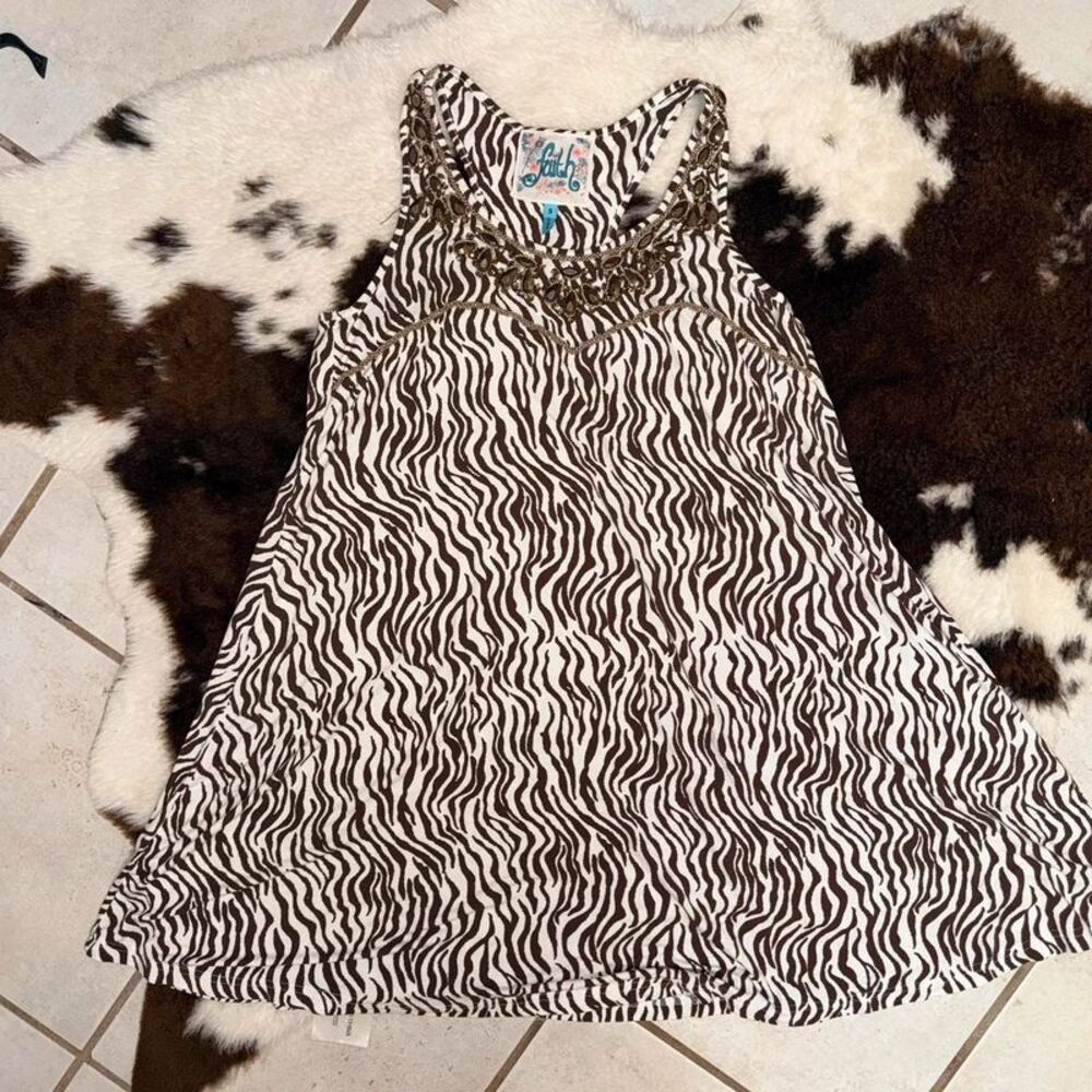 Faith Brand Vintage Y2K Zebra Print Beaded Racerback Tank Top S